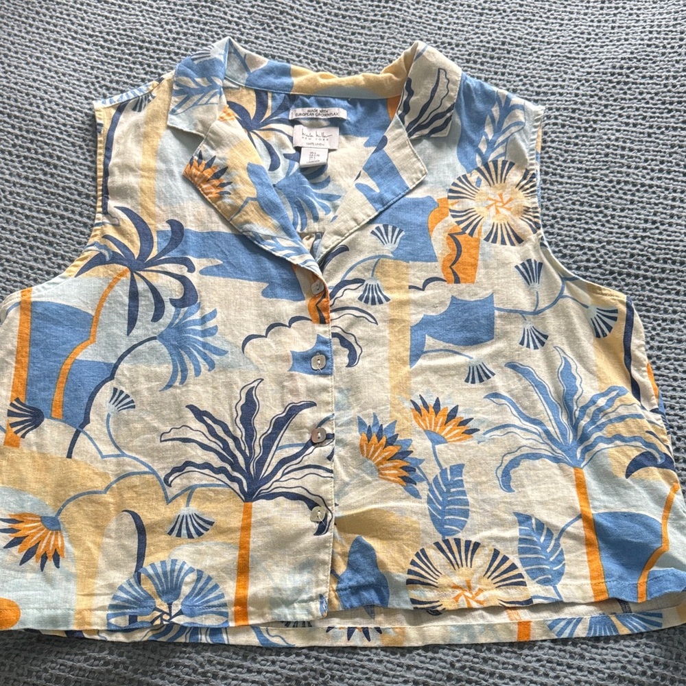 Nicole Miller Blue and Yellow Tropical Button Down Shirt